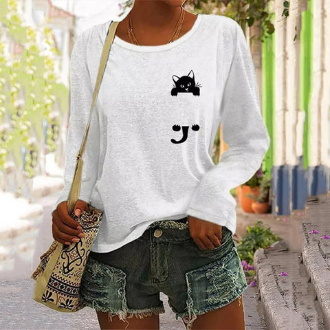 Rundhals-T-Shirt Damen Langarm Lose bedrucktes Oberteil m300648 