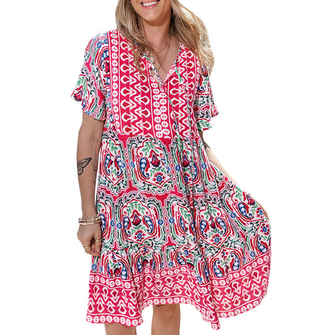 Nouvelle robe à col en V, jupe ample à imprimé bohème à la mode m300994 