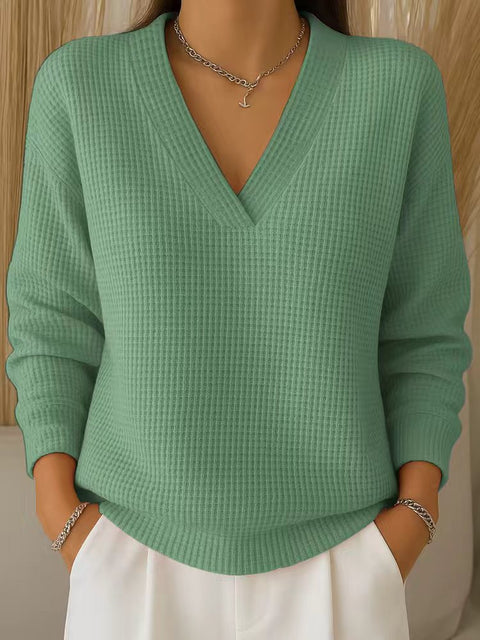 Women's Casual Loose Fashion Solid Color Waffle Long Sleeve Pullover M302343