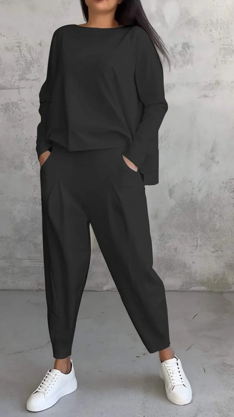 Women's solid color round neck long-sleeved suit women's pocket pants trousers m301510