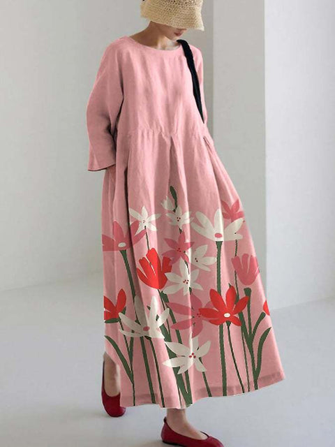 Robe ample à col ras du cou et manches longues imprimée haut de gamme m301044