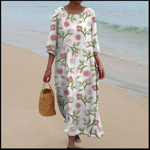 Robe longue à col ras du cou pour femme, imprimée, décontractée, tendance, m301059