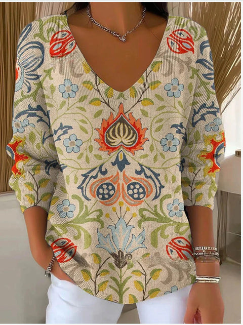 Shoulder V-Neck Long Sleeve Pullover 3D Digital Printing Women's Top T-Shirt m302616