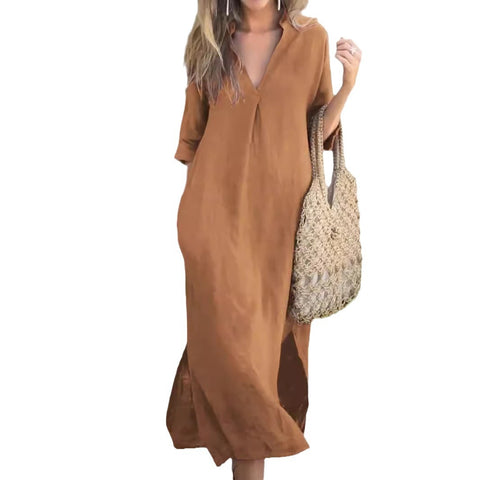 Split V-neck 7-point sleeve chest pleated dress m301506 on both sides