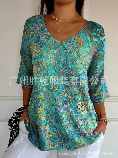 V-neck 3D printed geometric pattern five-quarter sleeve T-shirt top m302777
