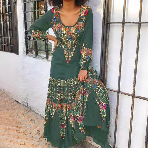 Robe élégante à manches longues, imprimé automne, col en U, style vacances balnéaires, m300927 