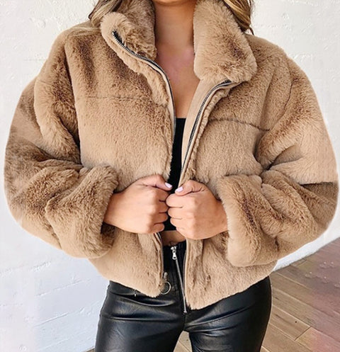 Cardigan zippé en fausse fourrure de lapin pour femme, veste chaude en peluche, automne et hiver, m300353