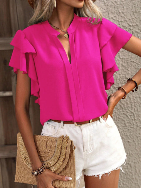 V-neck casual double-layer lotus leaf sleeve solid color shirt top m300883