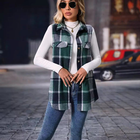 Gilet ample sans manches à carreaux pour femme, mode automne-hiver m300977 