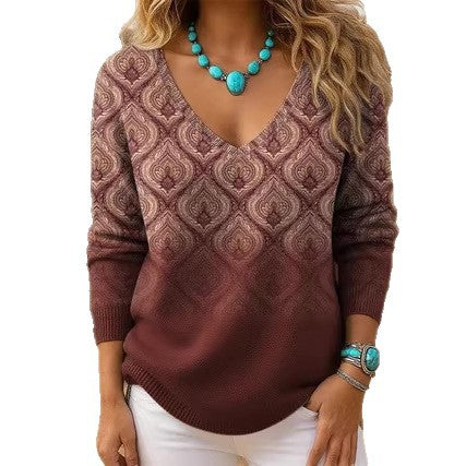 Shoulder V-neck Long Sleeve Pullover 3D Digital Printing Women's Top T-Shirt FF303430 03