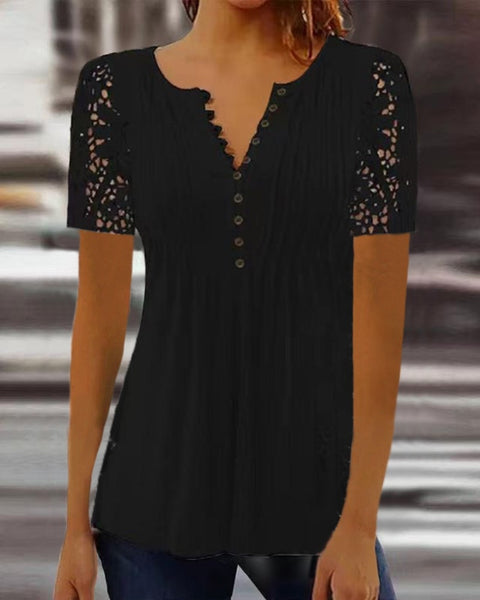 Lace Sleeve Pleated Solid Color Button T-Shirt Bottom Shirt m301333