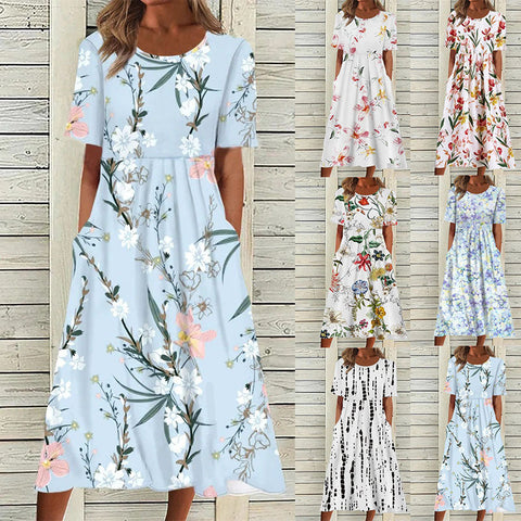 Robe trapèze décontractée à col rond et taille moyenne pour femme, nouvelle collection d'été, imprimée, m300040 