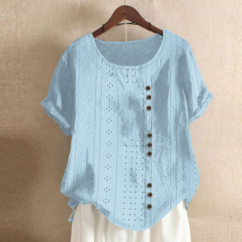 Haut d'été ample à manches courtes et col rond pour femme, couleur unie, avec boutons, style Palace Lock, m300046