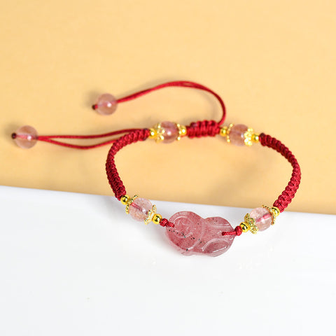 Corde à main Pixiu en cristal naturel et fraise, corde rouge tissée à la main m3331236