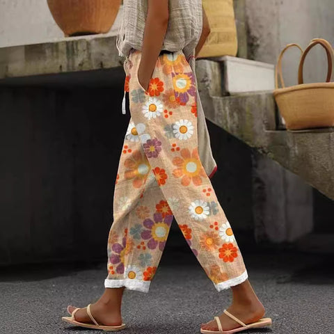 Damenhose mit Taschen und lässigem Druck, elastische Taille, gerade geschnittene Hose m301372 