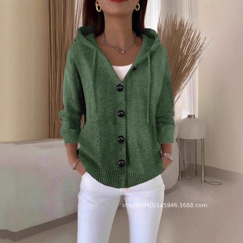 Automne et hiver nouveau cardigan à capuche noir avec boucle et cordon, en tricot pour femme, style décontracté et mode m302119