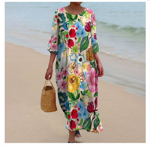 Robe longue à col ras du cou pour femme, imprimée, décontractée, tendance, m301059