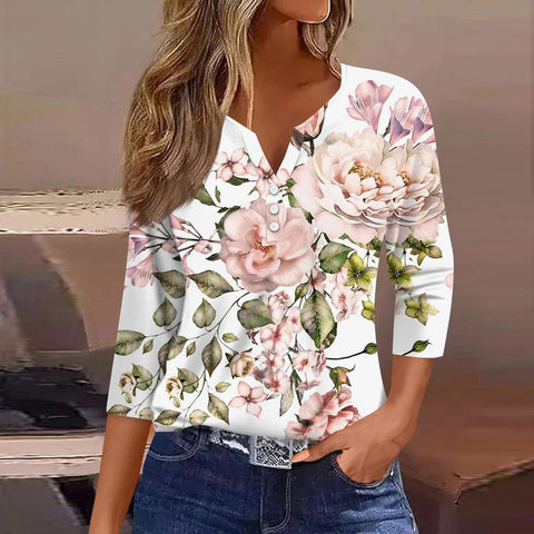 Col en V, manches sept-quarts à trois boutons, imprimé floral, vêtements amples pour femmes à la mode et décontractés m300565 