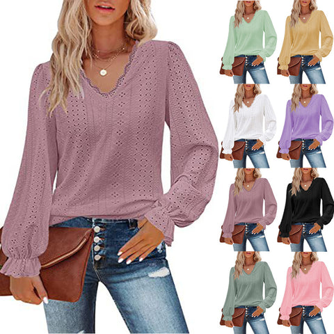 V-Ausschnitt Hohl Casual Plissee Ärmel Top Shirt Herbst m300647