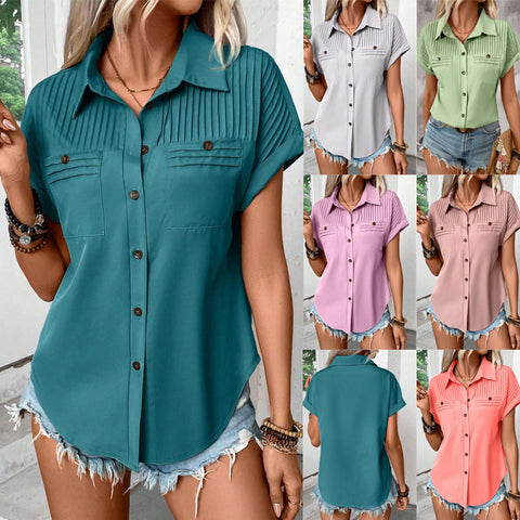 T-shirt à manches courtes et revers à boucle, avec poche plissée, pour femme, M301029 