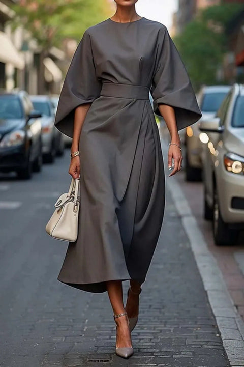 Fashion temperament elegant solid color waist dress casual bat sleeve long dress m301326