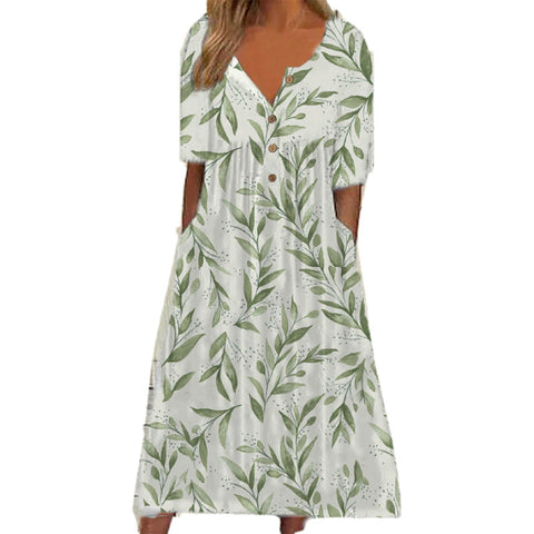 Bedrucktes Kurzarmkleid mit V-Ausschnitt, Knöpfen, Damentaschen und langem Rock m300028 