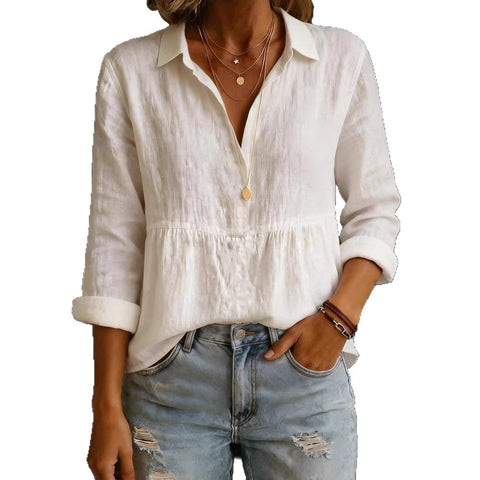 Women's casual loose fashion solid color cotton blend long sleeve pullover shirt m302337