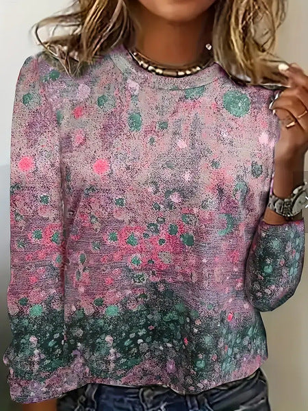 T-shirt décontracté à manches longues et col rond imprimé en 3D motif fleur pour femme m301719