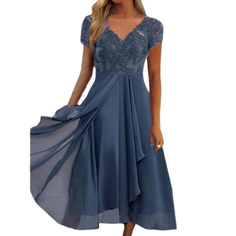 Robe en mousseline de soie, col en V, dentelle ajourée m301252 