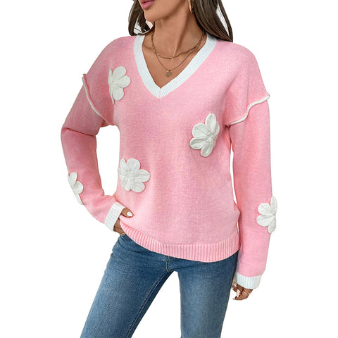 Langarm-Pullover mit V-Ausschnitt und Aufkleber, Rosa, Damen M300795 
