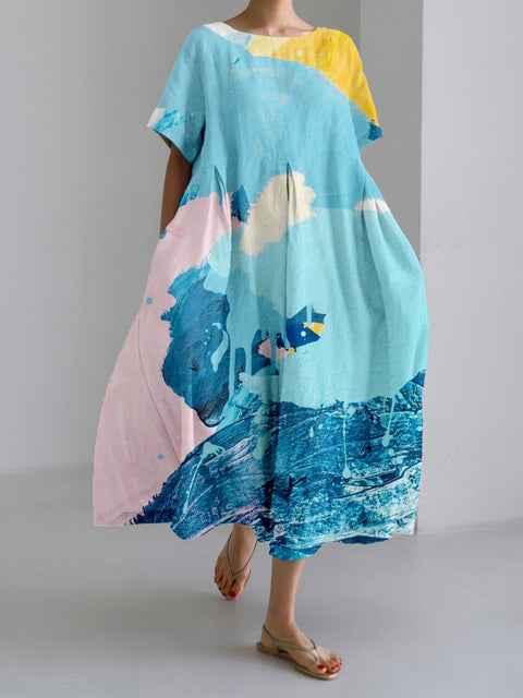 Robe en lin à manches courtes pour femme Linglong M300183 