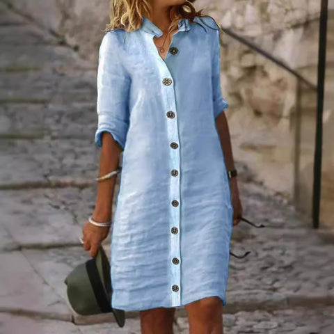 Robe en coton et lin à col chemise et manches mi-longues, grande boucle ronde M300218