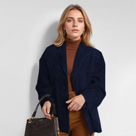 Blazer long ample marron rétro pour femme avec poches, manches longues, m301193