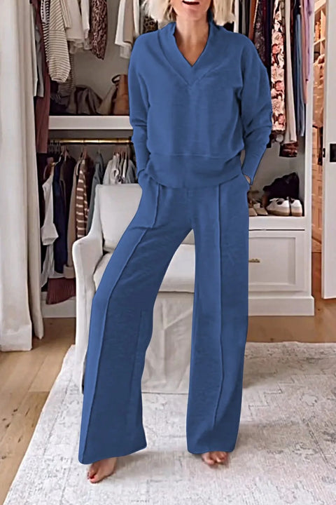 Zweiteiliges Set mit V-Ausschnitt, langärmeligem, lockerem Oberteil und Hose mit weitem Bein, m301327 