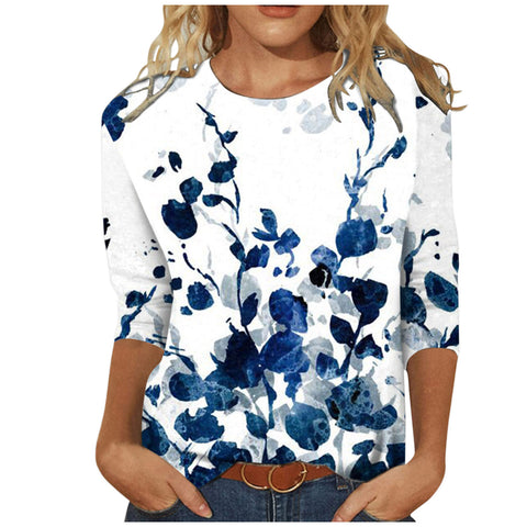T-shirt ample à col rond et manches 3/4 pour femme, imprimé M300227 