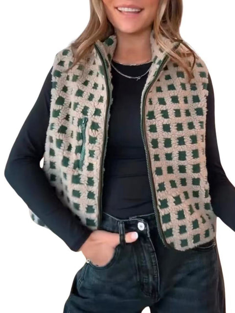 Women's Waffle Fleece Vest Sleeveless Turtleneck Zip-Up Vest Top m302135