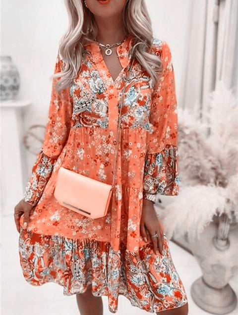 Floral V Neckline 3/4 Sleeves Above Knee A line Dress m161507179 (5826766)