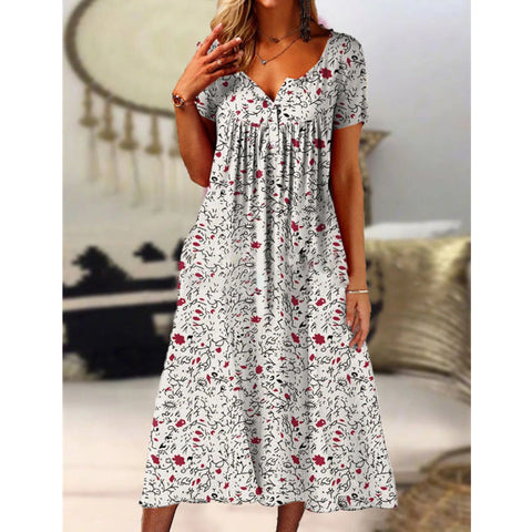 Robe imprimée à manches courtes et col en V avec poches pour femme et jupe longue m300028 