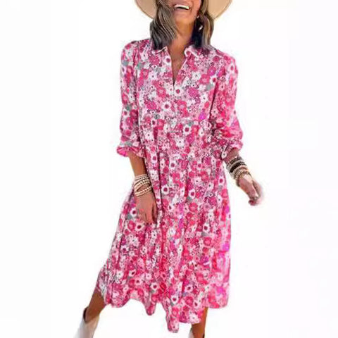 Robe ample à manches longues et col en V pour femme, style bohème, florale, élégante, en forme de A, m300573 