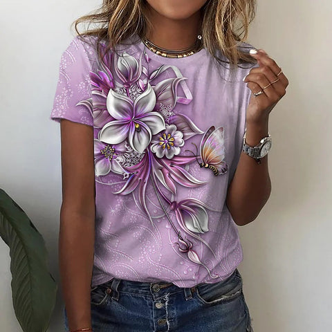 Damen T-Shirt rosa blau grün Blumendruck Kurzarm m300912 