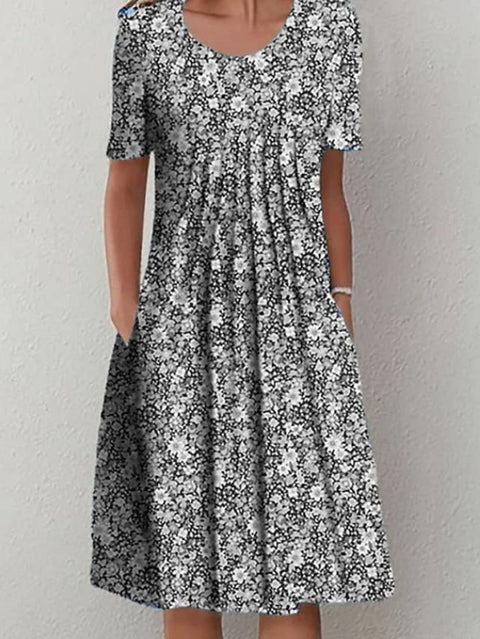Robe mi-longue à imprimé floral, col rond, poches, printemps/été, pour femme, m300037 