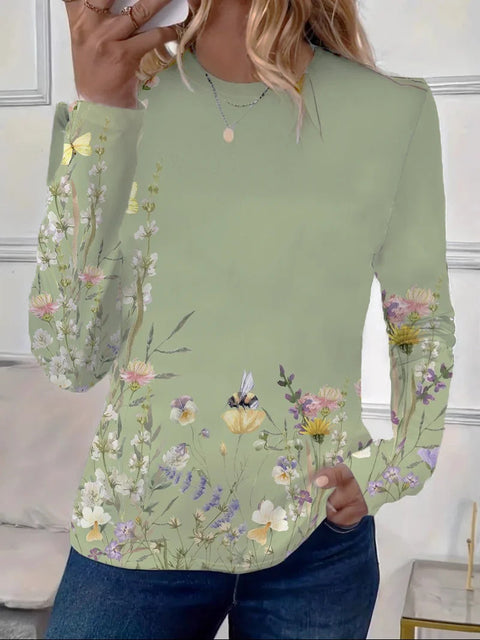T-shirt ample à manches longues et col rond pour femme, imprimé rétro classique, m301237 