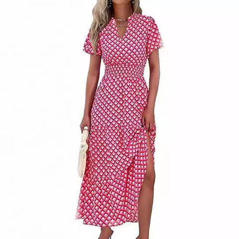 Robe plissée à col en V et manches courtes imprimée m300104 