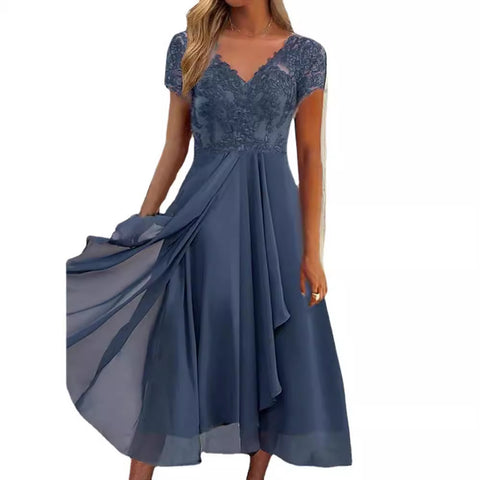 Robe en mousseline de soie, col en V, dentelle ajourée m301252 