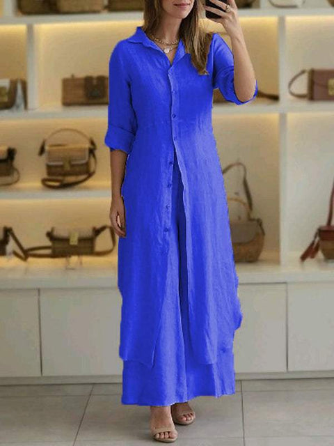 Ensemble élégant en coton et lin, coupe ajustée, chemise à manches longues et pantalon large m301063 