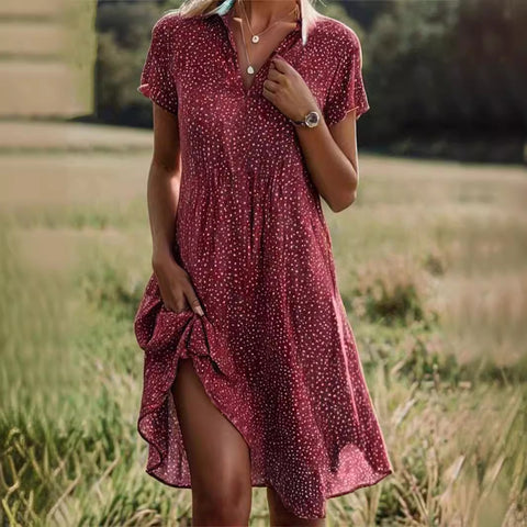 Langes Kleid, lässig, locker, V-Ausschnitt, bedruckt, gepunktet, Hemdkleid, m300919 