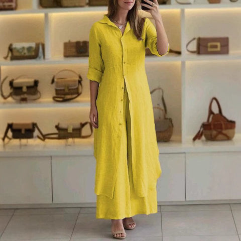 Ensemble élégant en coton et lin, coupe ajustée, chemise à manches longues et pantalon large m301063 