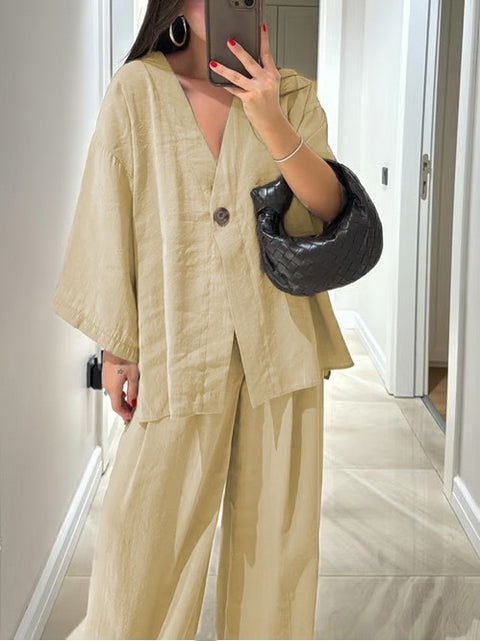 Fashion casual suit V-neck one-button loose long-sleeved top high-waisted trousers two-piece set m301966