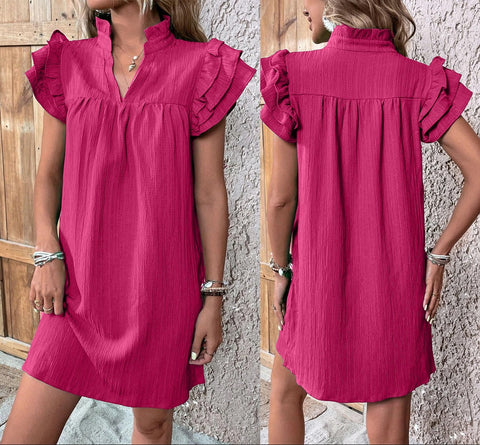 Robe pull polyvalente à col en V et manches en feuille de lotus multicouches m301019 