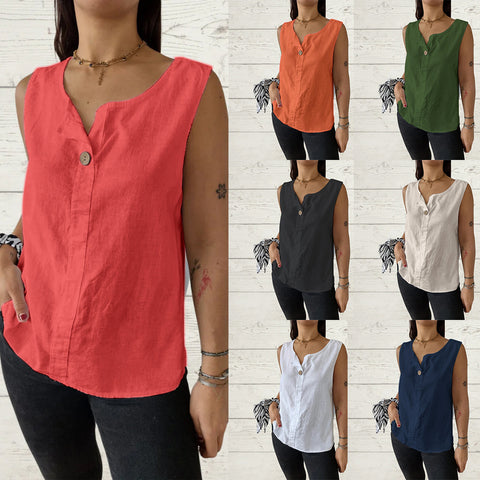 Chemise ample à col en V pour femme, haut boutonné en coton et lin, m301206 